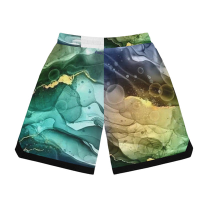 Basketball Shorts — Green Marble & Puffin All-Over-Print Rib Shorts