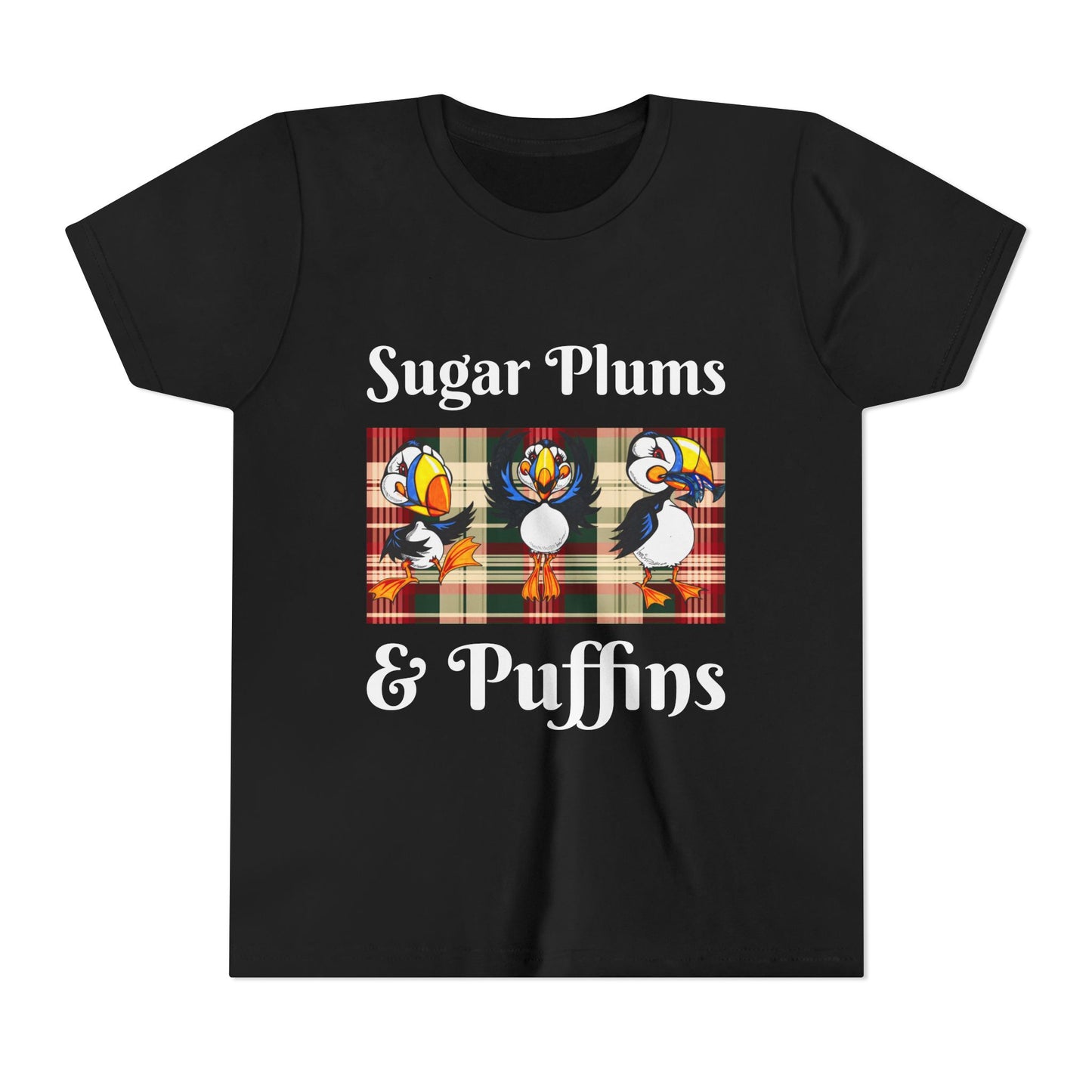 Youth Tee — Cute Christmas Puffin Trio on Plaid |