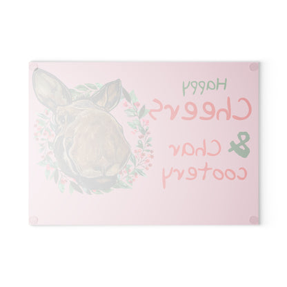 Glass Cutting Board — "Happy Cheers & Charcootery" Moose Design (Funny Kitchen Cutting Board Gift)
