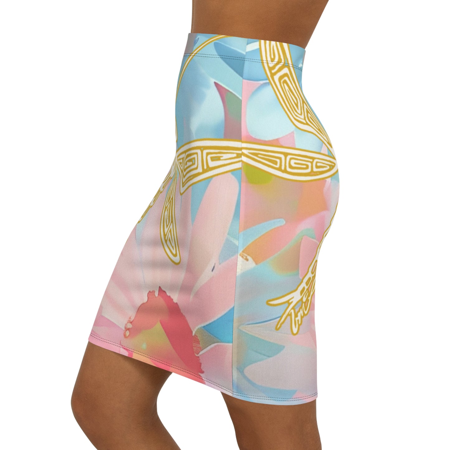 Dragonfly Bloom Pencil Skirt — Pastel Floral AOP