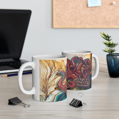 11oz Mug — Abstract Golden Seaweed Octopus Art Coffee Cup