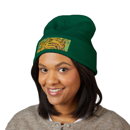 Embroidered Yellow Abstract Beanie — Cuffed Knit Winter Hat