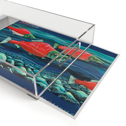 Salmon Run Acrylic Serving Tray — Coastal Fish Art Tray for Entertaining