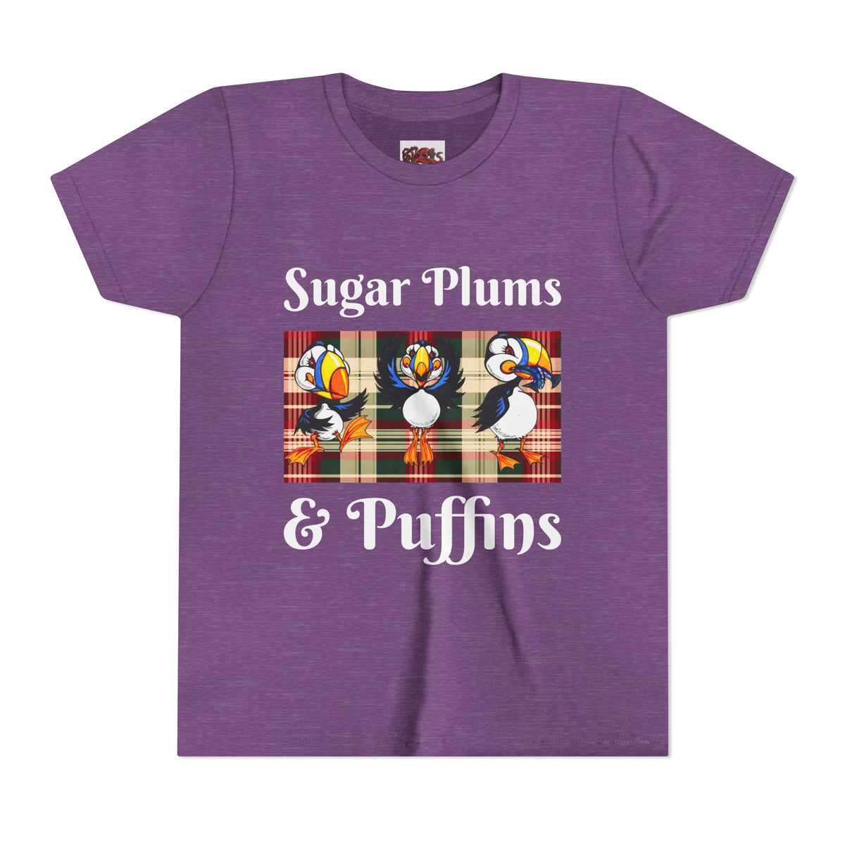 Youth Tee — Cute Christmas Puffin Trio on Plaid |