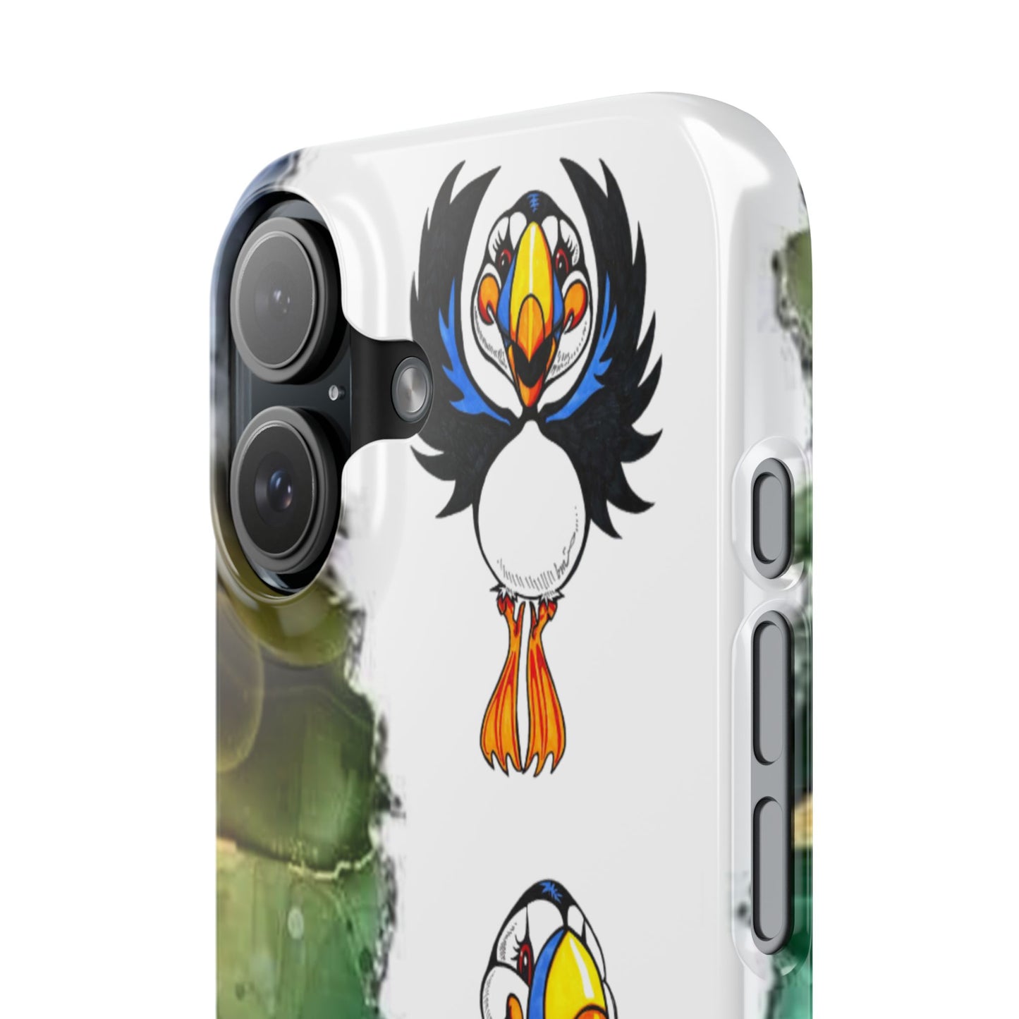 Slim Phone Case – Cute Puffin Pattern with Teal Marble Accent