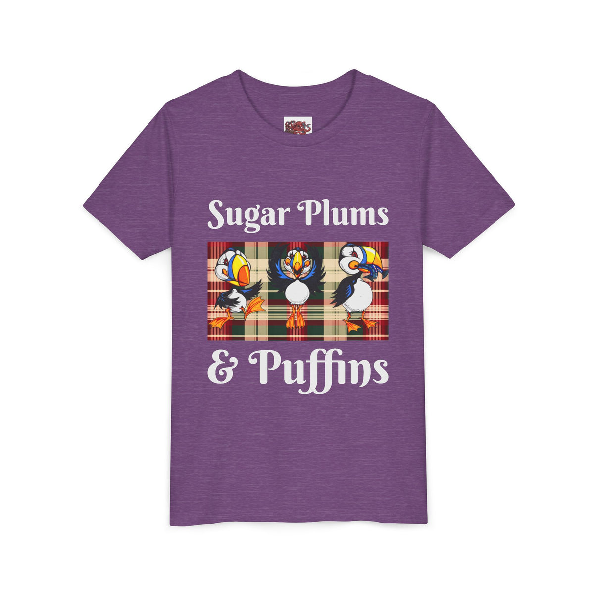Youth Tee — Cute Christmas Puffin Trio on Plaid |