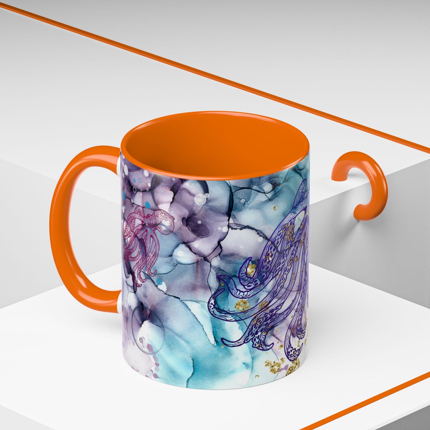 Octopus Watercolor Coffee Mug — Ocean Jellyfish Art Accent Mug (11/15oz)