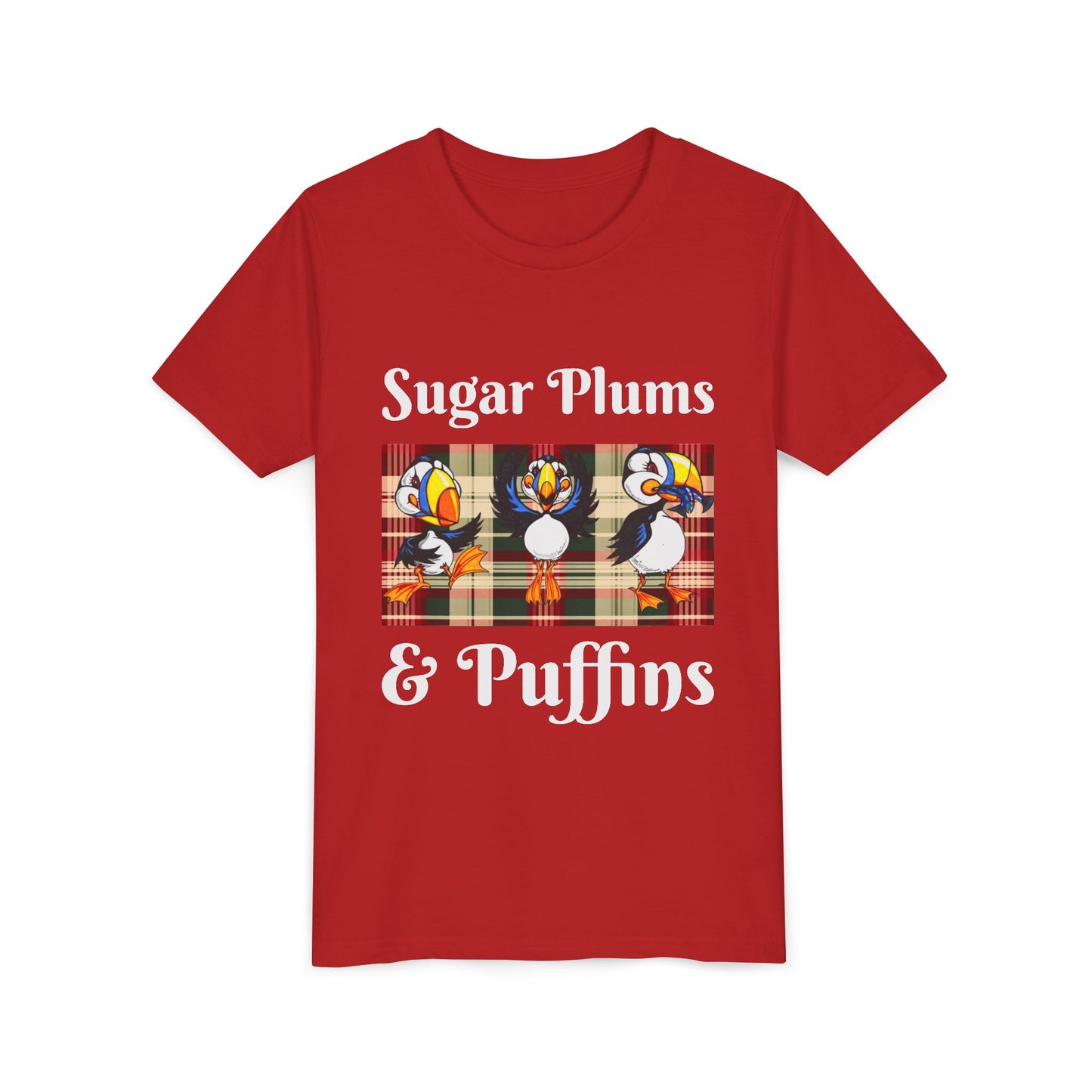 Youth Tee — Cute Christmas Puffin Trio on Plaid |