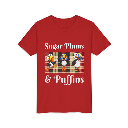 Youth Tee — Cute Christmas Puffin Trio on Plaid |