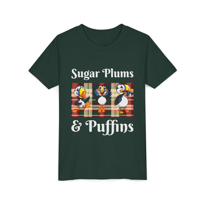 Youth Tee — Cute Christmas Puffin Trio on Plaid |