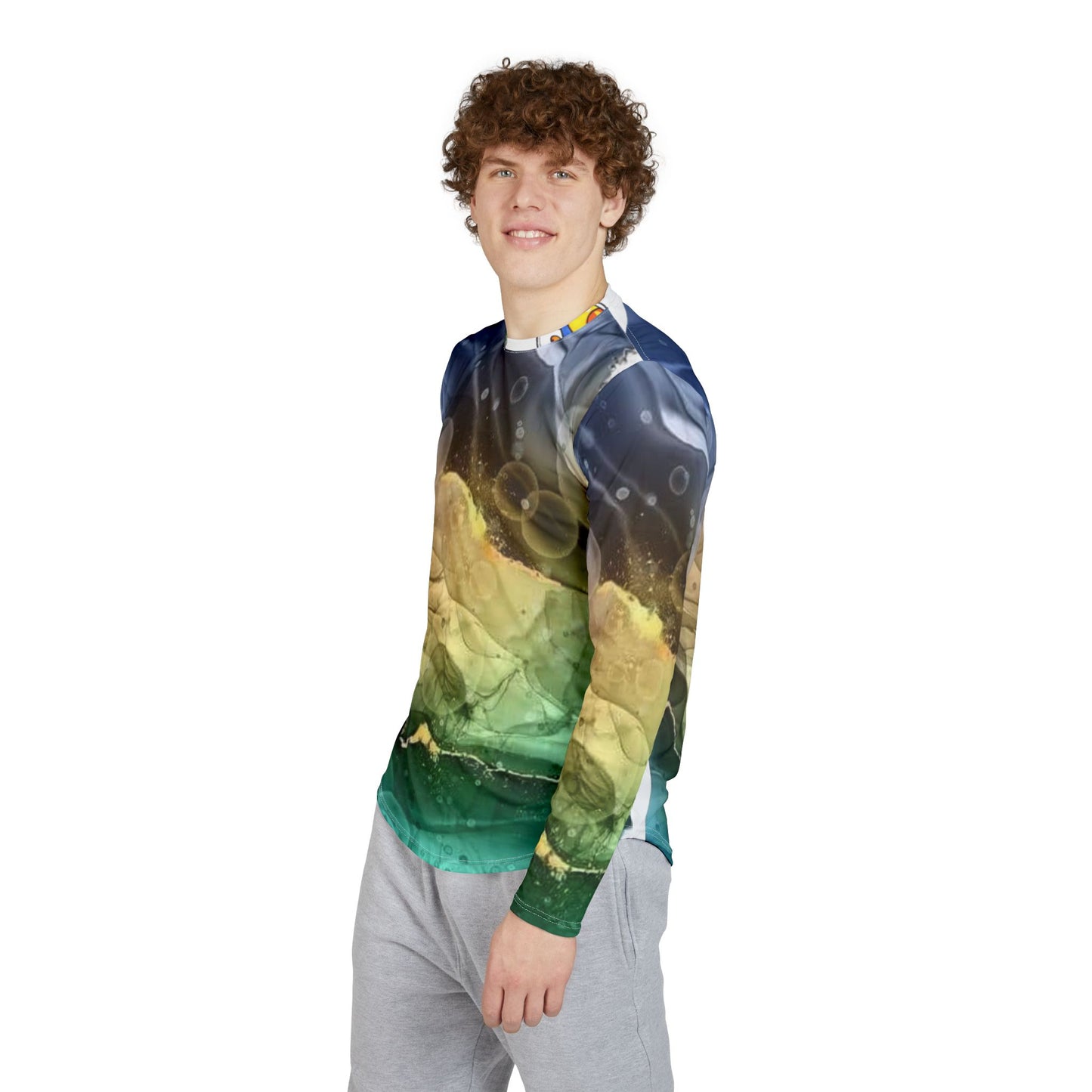 Men's UV Long Sleeve Shirt — Abstract Ocean Green & Gold All-Over Print