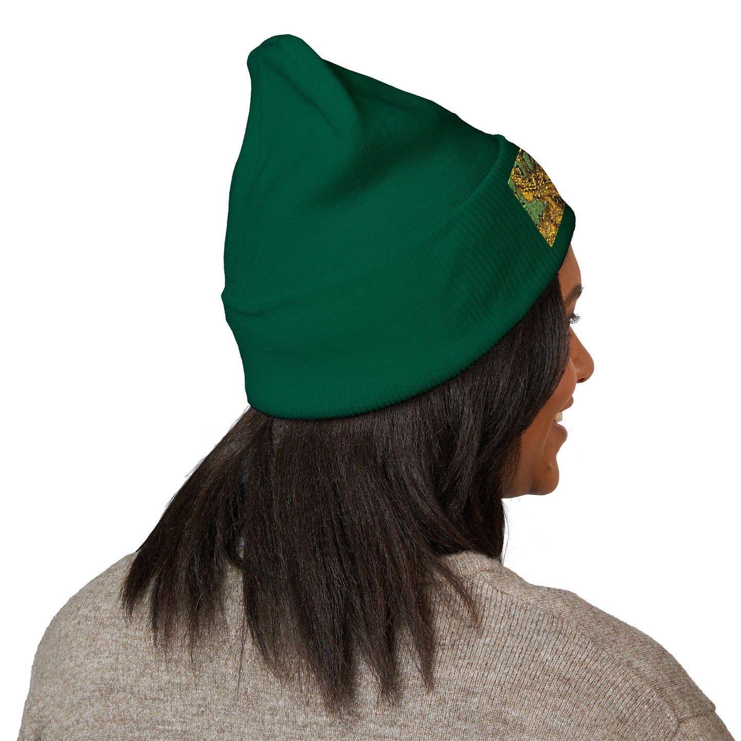 Embroidered Yellow Abstract Beanie — Cuffed Knit Winter Hat