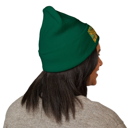Embroidered Yellow Abstract Beanie — Cuffed Knit Winter Hat