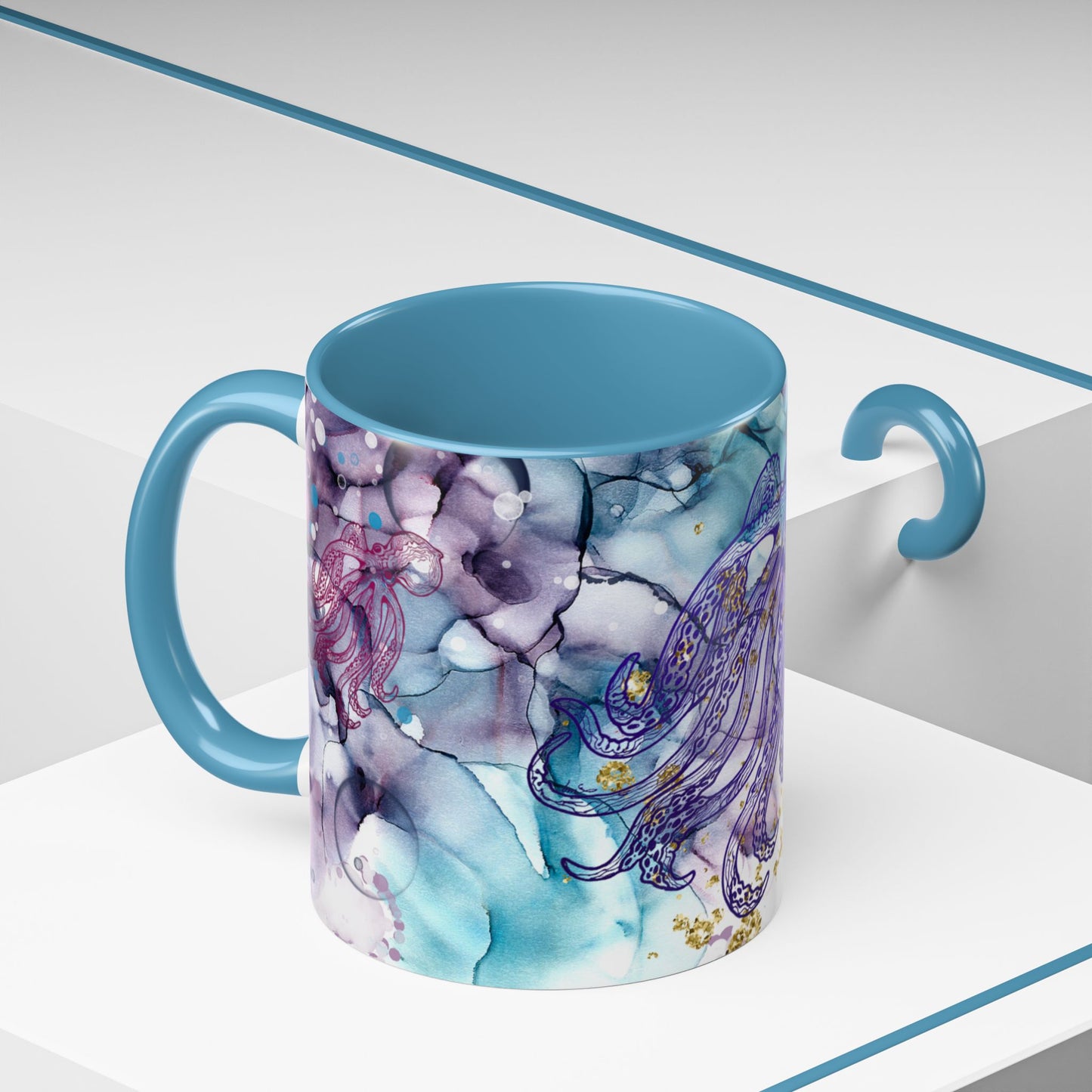 Octopus Watercolor Coffee Mug — Ocean Jellyfish Art Accent Mug (11/15oz)