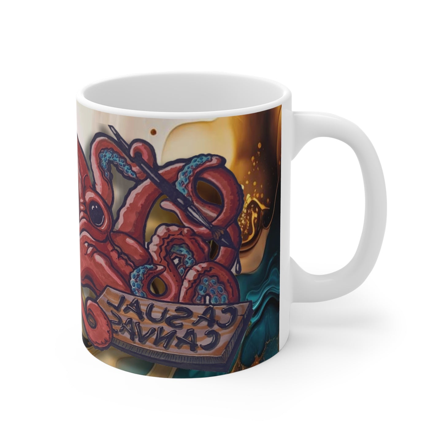 11oz Mug — Abstract Golden Seaweed Octopus Art Coffee Cup