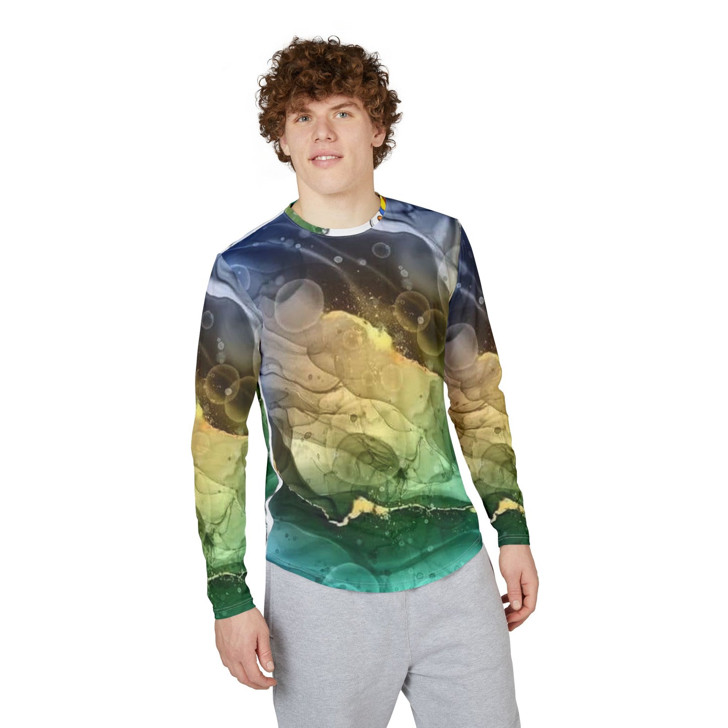 Men's UV Long Sleeve Shirt — Abstract Ocean Green & Gold All-Over Print