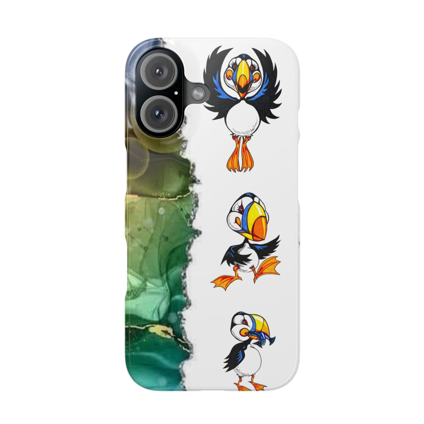 Slim Phone Case – Cute Puffin Pattern with Teal Marble Accent