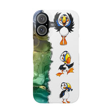 Slim Phone Case – Cute Puffin Pattern with Teal Marble Accent