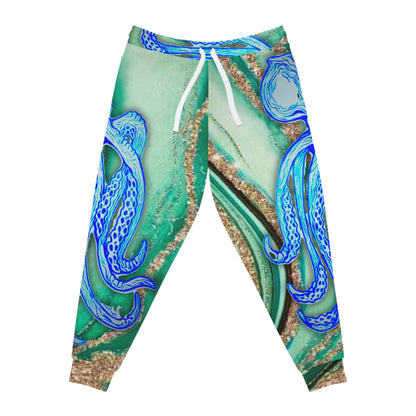 Octopus Wave Athletic Joggers — Teal Marble All-Over Print