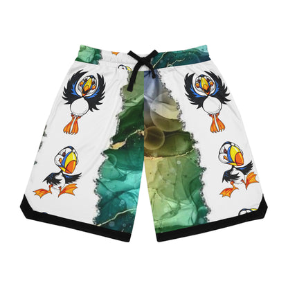 Basketball Shorts — Green Marble & Puffin All-Over-Print Rib Shorts