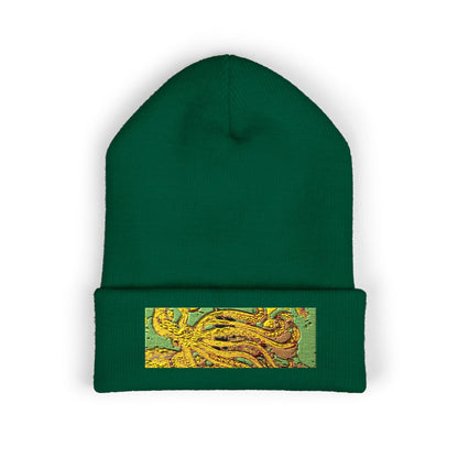 Embroidered Yellow Abstract Beanie — Cuffed Knit Winter Hat