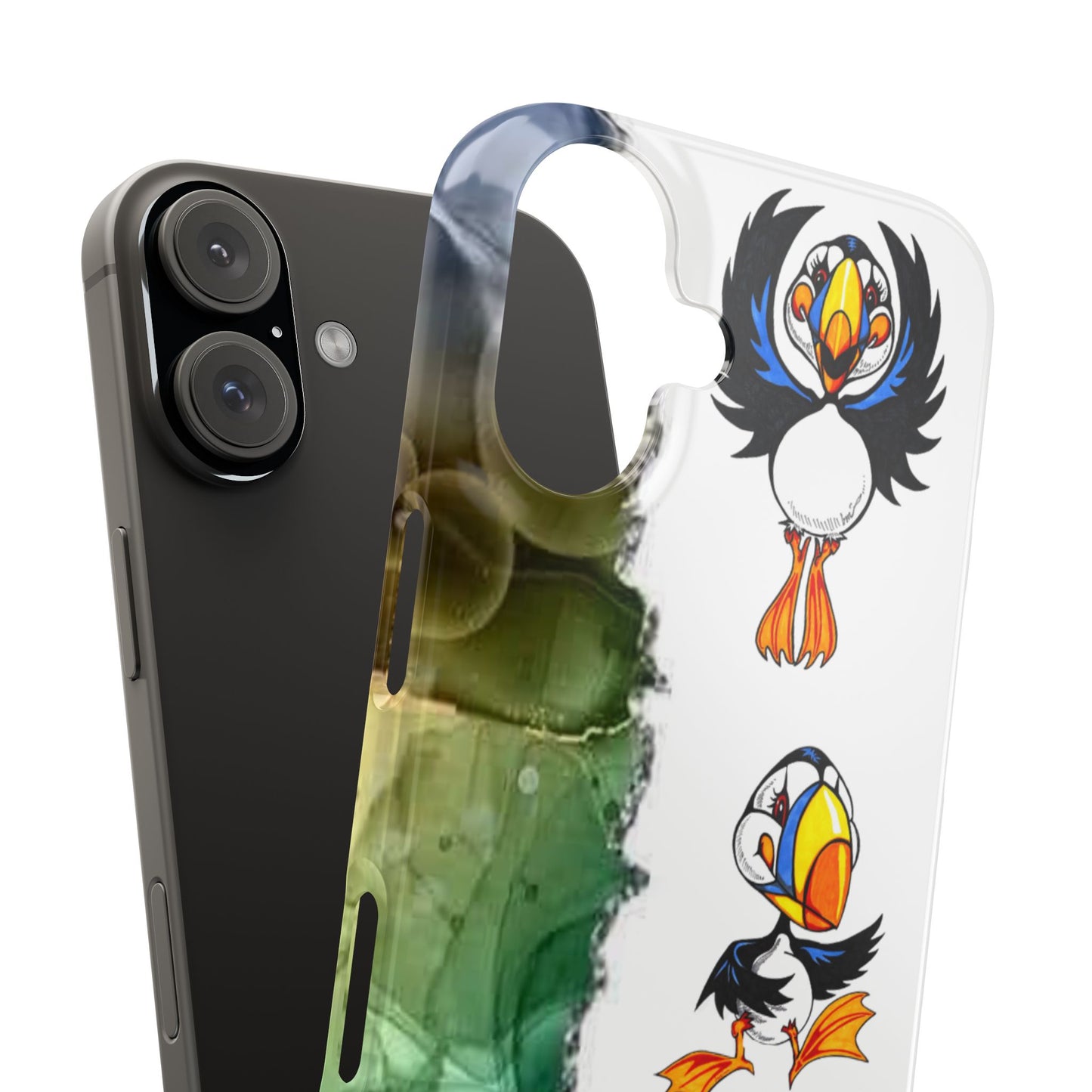 Slim Phone Case – Cute Puffin Pattern with Teal Marble Accent