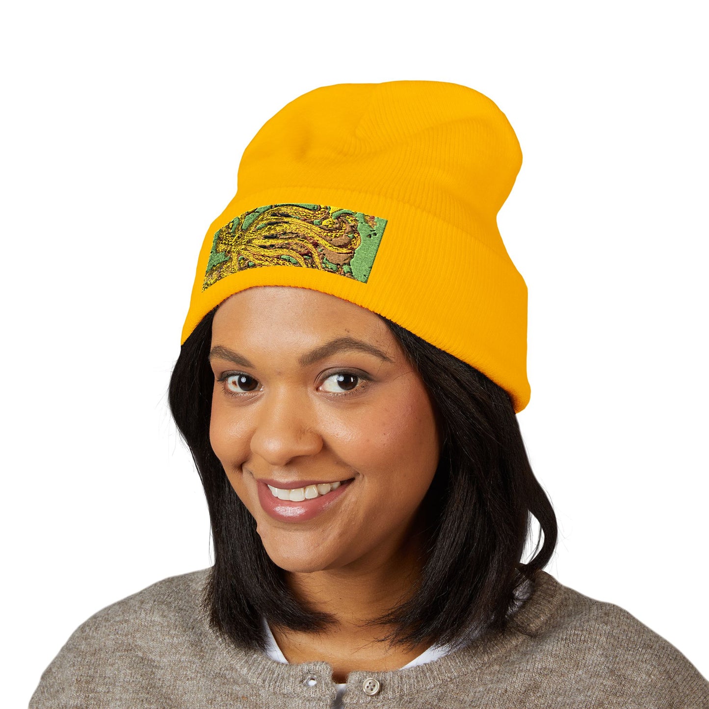Embroidered Yellow Abstract Beanie — Cuffed Knit Winter Hat