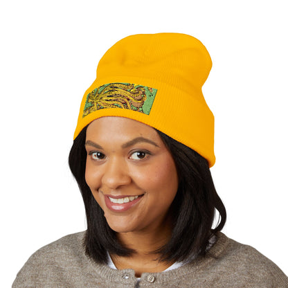 Embroidered Yellow Abstract Beanie — Cuffed Knit Winter Hat