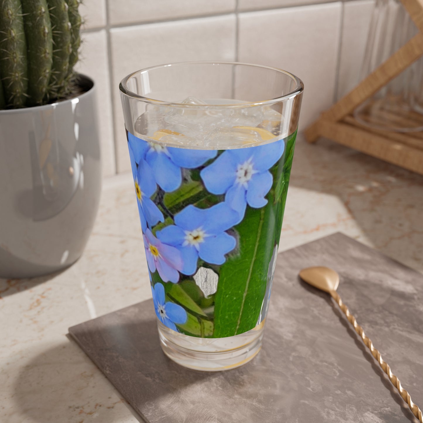 Mixing Glass - Blue Forget-Me-Not Floral Pint Glass (16oz)