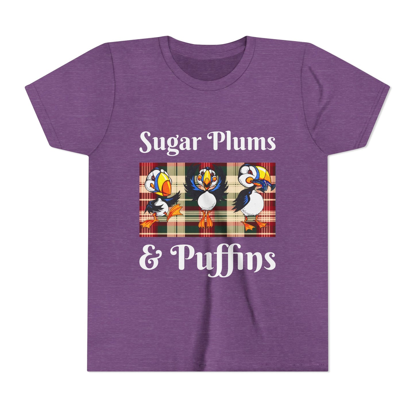 Youth Tee — Cute Christmas Puffin Trio on Plaid |
