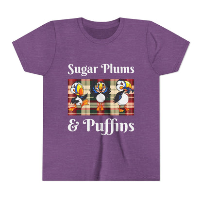 Youth Tee — Cute Christmas Puffin Trio on Plaid |