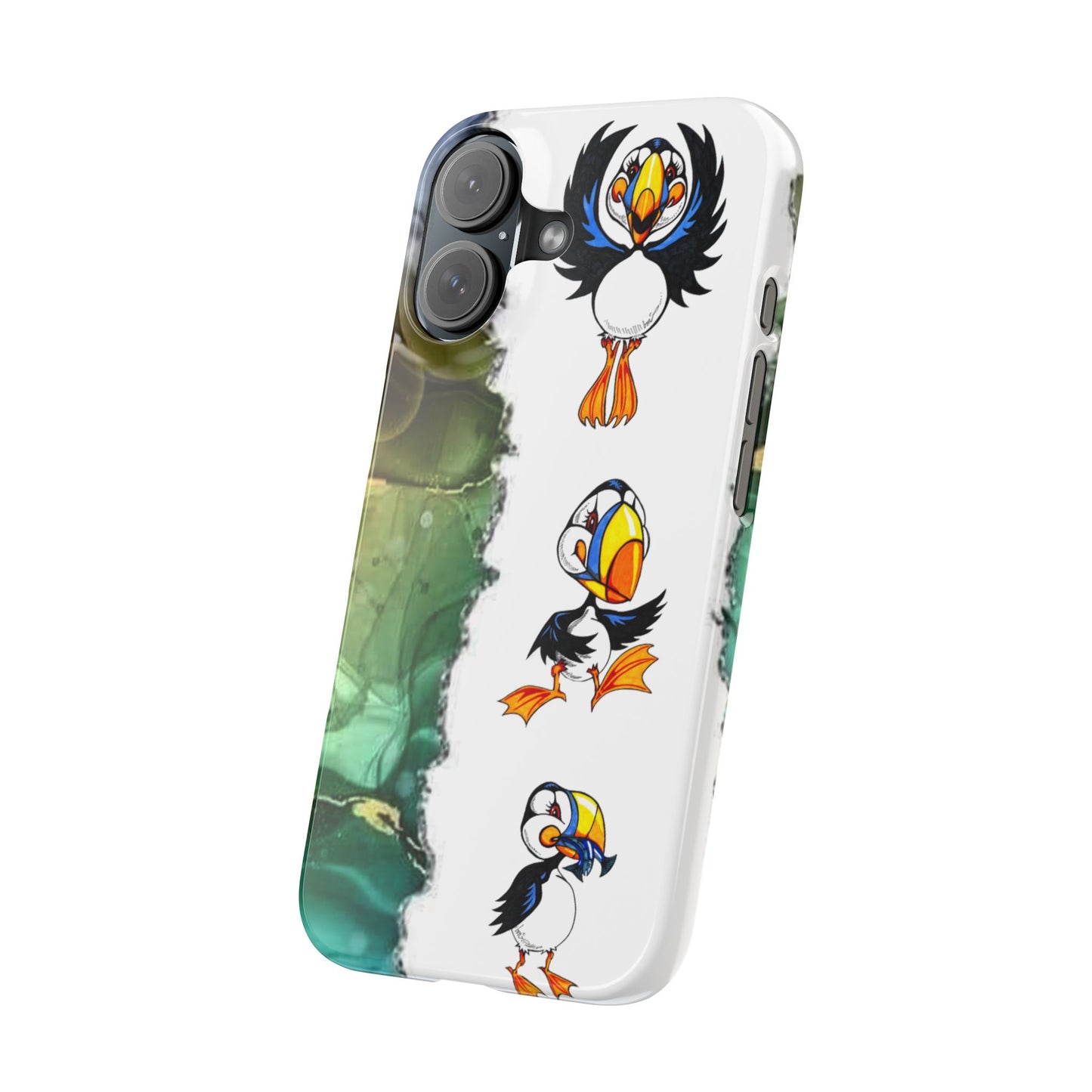 Slim Phone Case – Cute Puffin Pattern with Teal Marble Accent