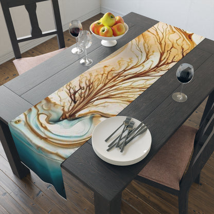 Coastal Marble Table Runner — Teal & Gold Abstract Dining Decor