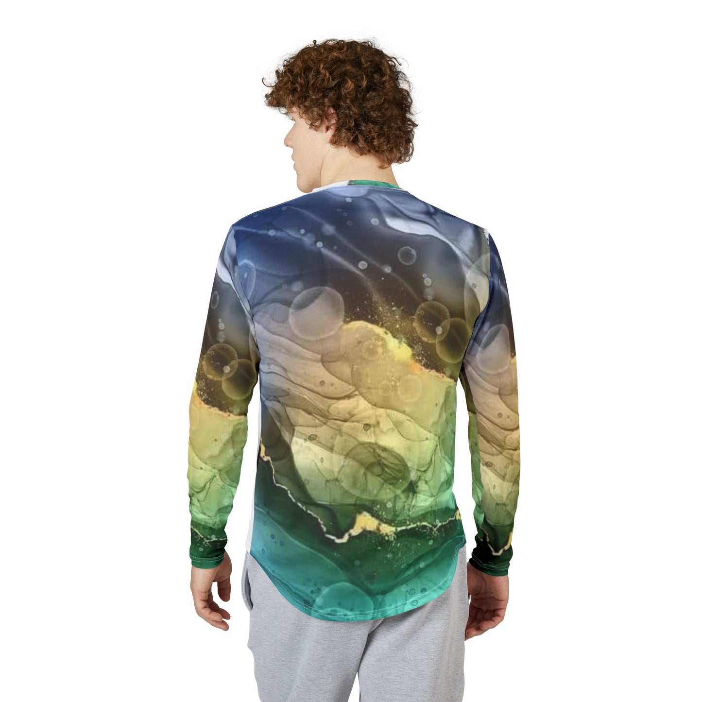 Men's UV Long Sleeve Shirt — Abstract Ocean Green & Gold All-Over Print