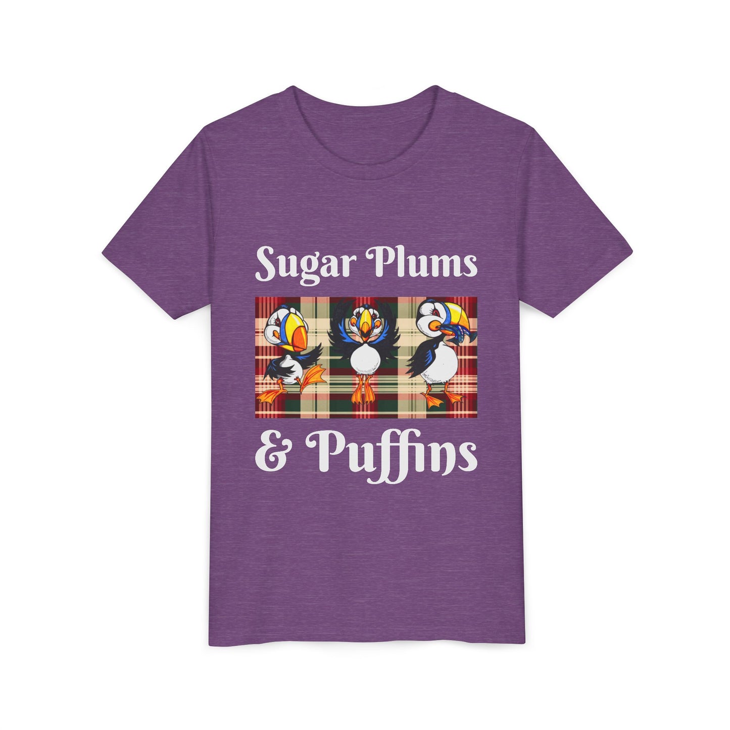 Youth Tee — Cute Christmas Puffin Trio on Plaid |