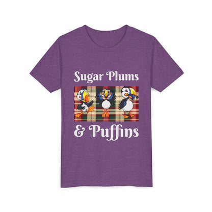 Youth Tee — Cute Christmas Puffin Trio on Plaid |